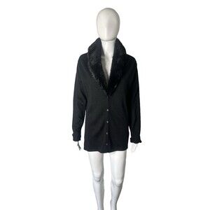 Baluchi Faux Fur Collar Cardigan Women's Large Y2K Glam Cozy Knit Sweater